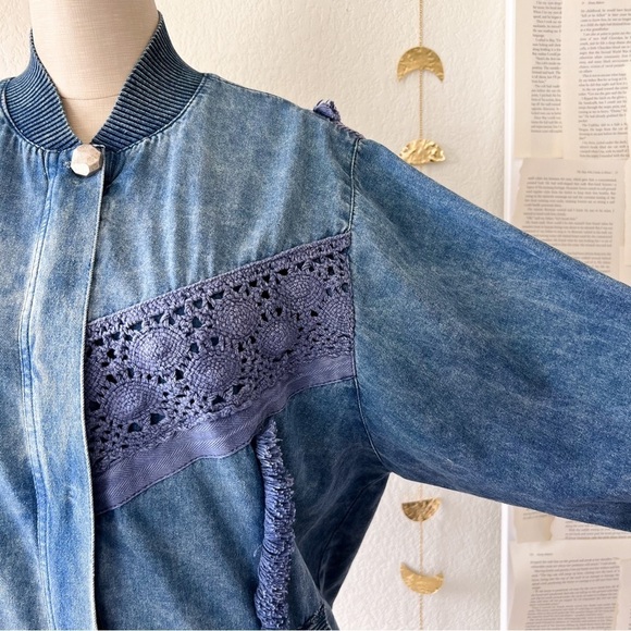 VINTAGE Marsha Sport Chambray Crochet Zip Up Bomber Jacket - Picture 5 of 16